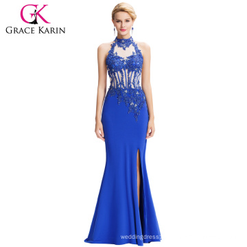 Grace Karin 2016 Newest Backless Halter High Split Long Blue Evening Gowns Free Prom Dress GK000050-1